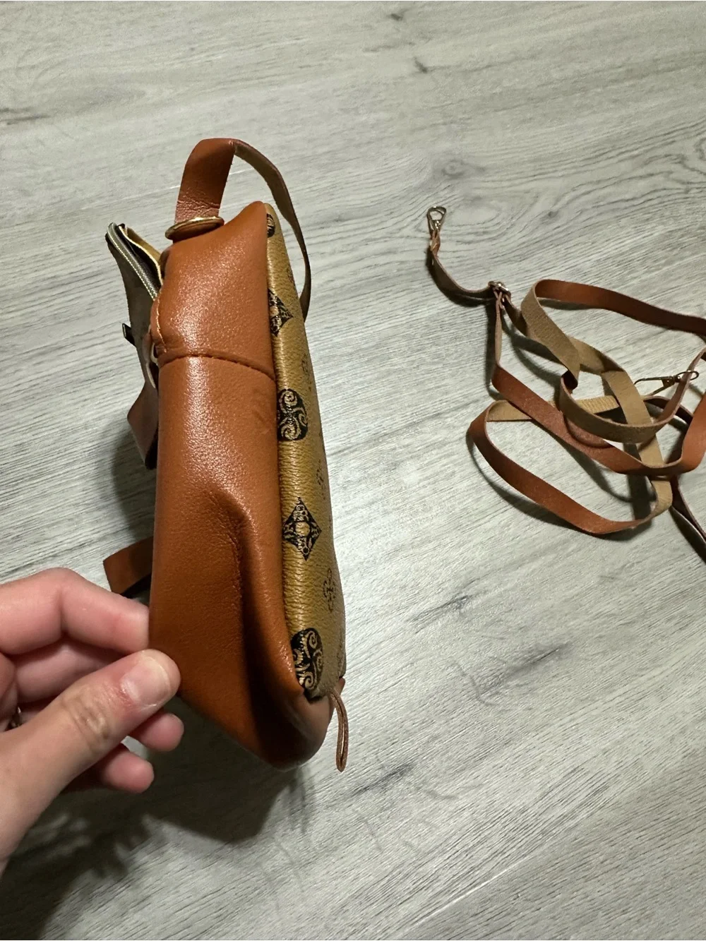 Women's Brown Monogram Crossbody Backpack - Stylish Tan Accent